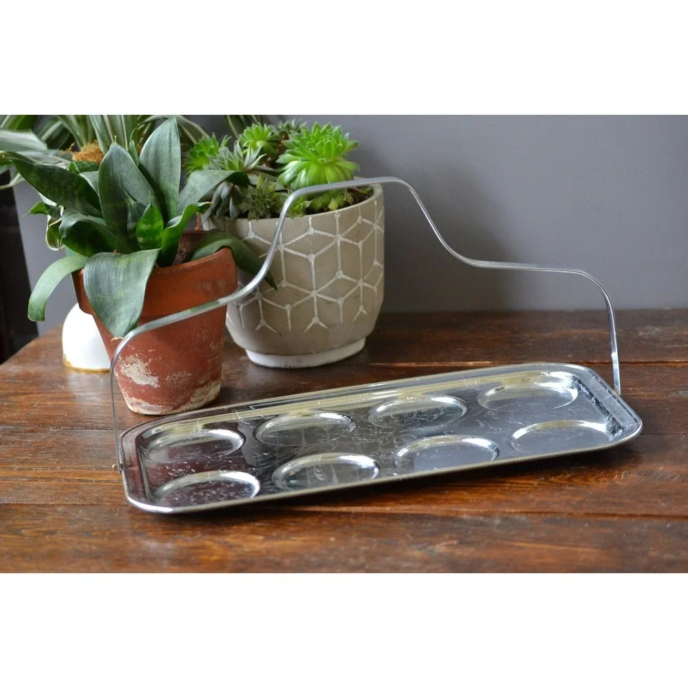 Chrome Drink‎ Tray Metal Handle Bar Cart glass storage mid century barware decor